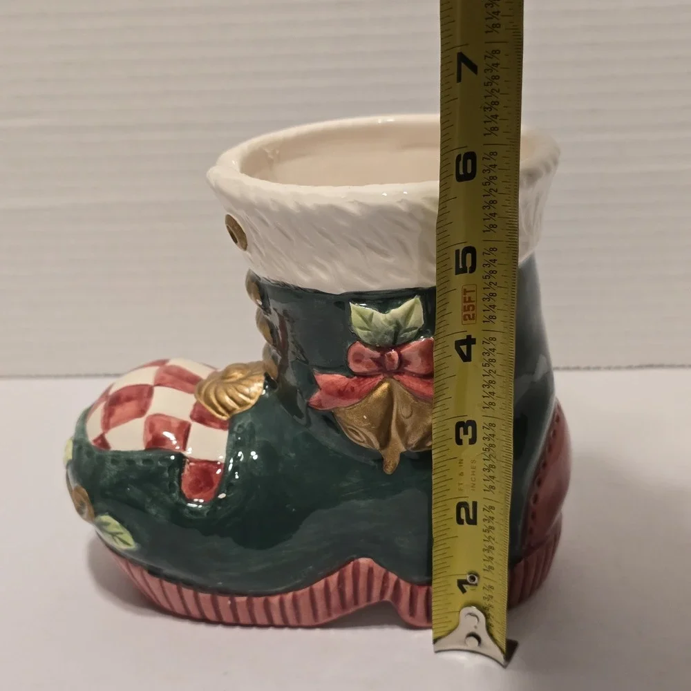 Vintage Christmas Santa Boot Ceramic Planter Candy Dish Green Red Checkered Bell